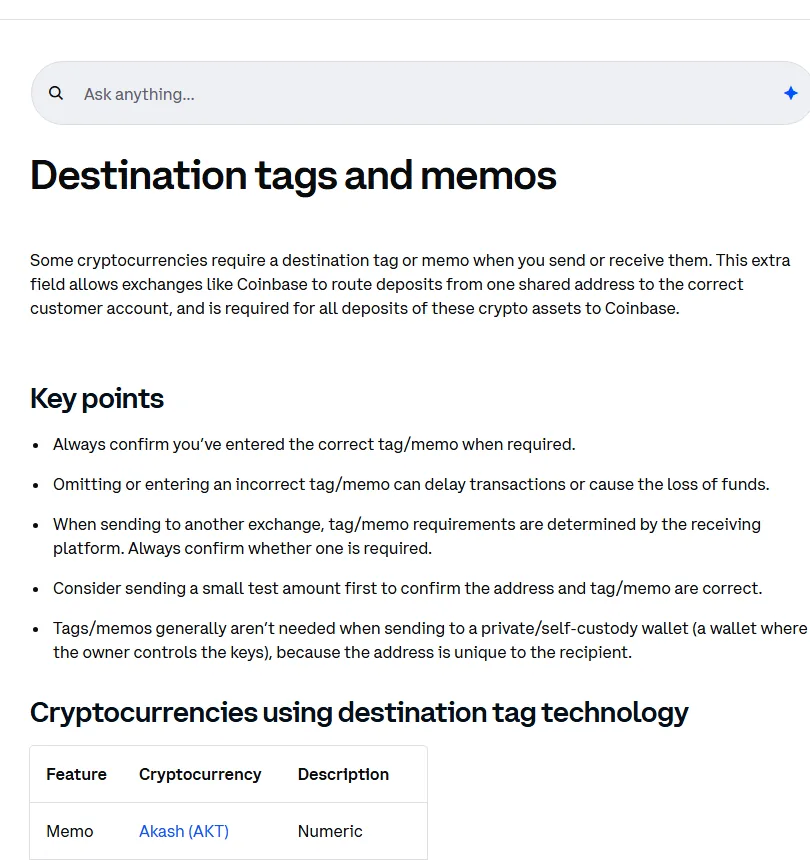 Coinbase платформасынын расмий Destination tags and memos барагы Memo талап кылынышы мүмкүн экенин жана адегенде кичине тест жөнөтүүнү көрсөтөт