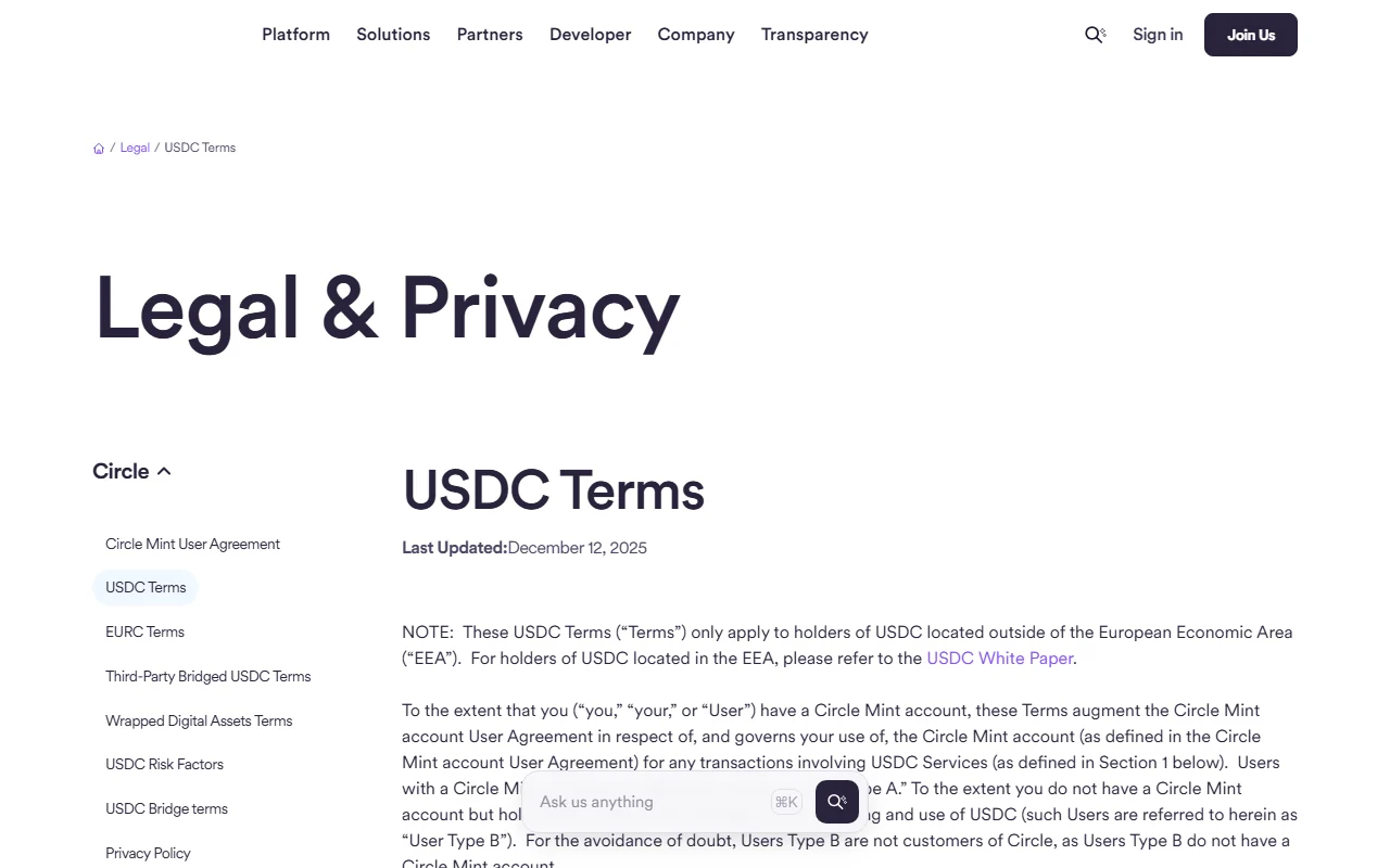 Circle：USDC 正式條款
