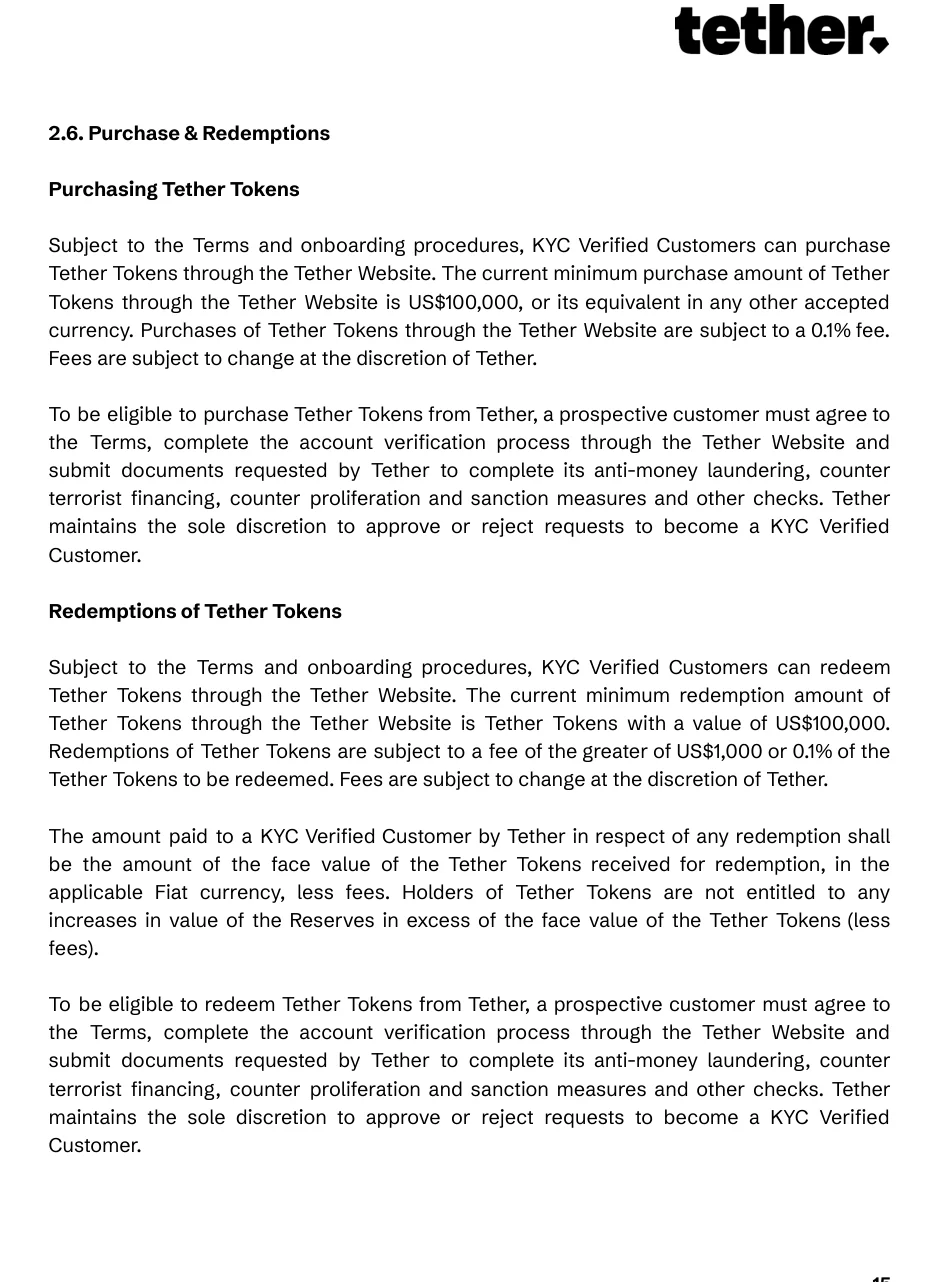 Tether расмий маалымат документинин он бешинчи барагы KYC, минималдуу кайтаруу суммасы жана комиссия шарттарын көрсөтөт