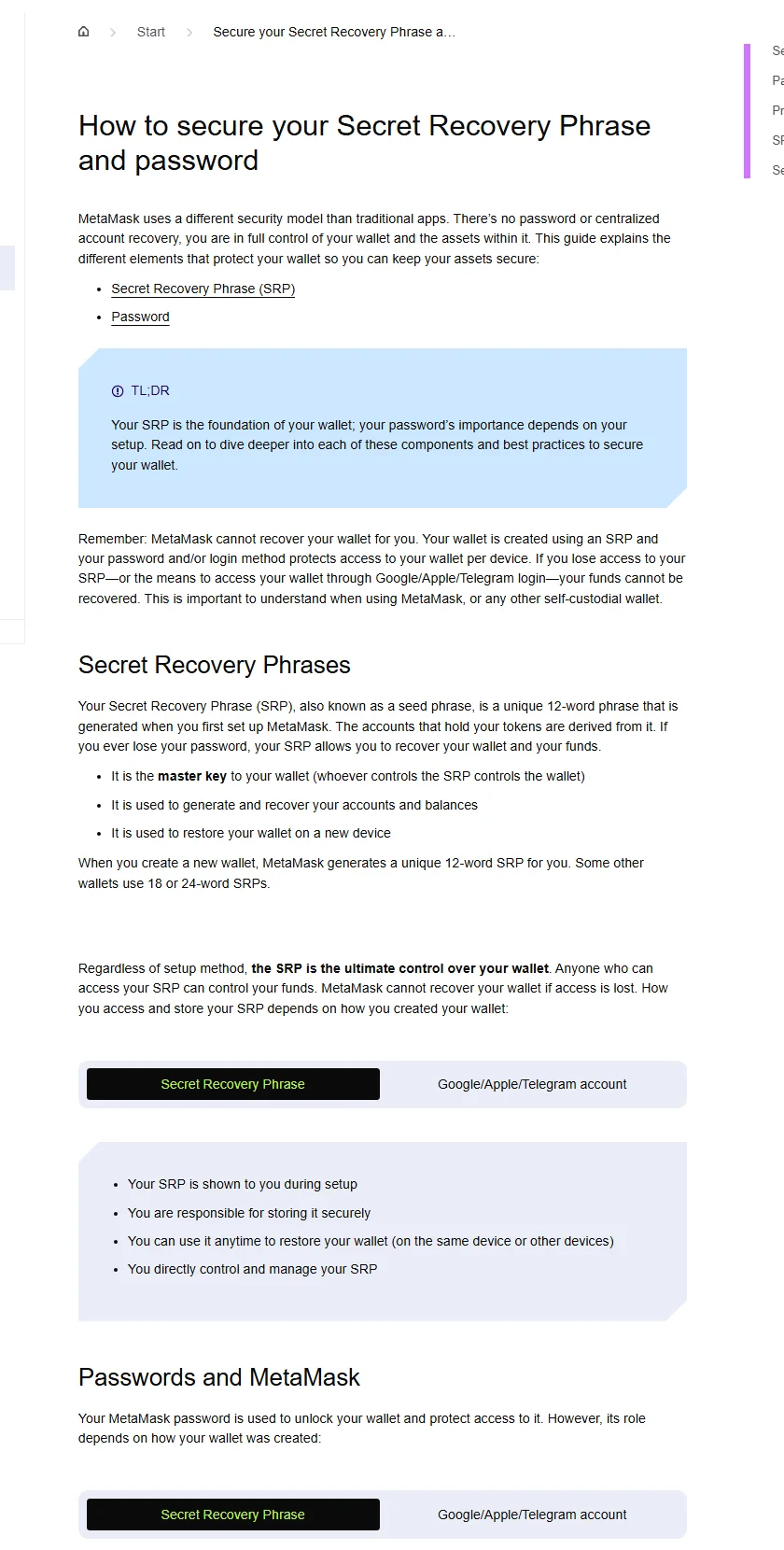 MetaMask 官方指南說明 Secret Recovery Phrase、密碼與私鑰的不同作用,並警告遺失恢復材料可能無法恢復錢包