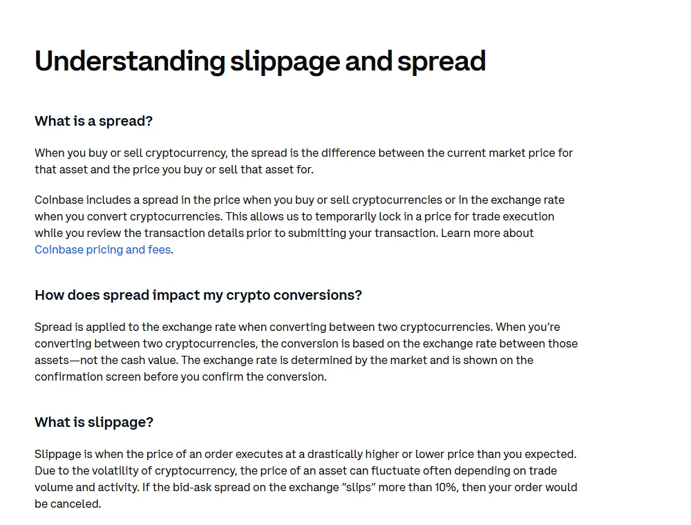 Coinbase расмий барагы платформа баа сунушундагы spread менен аткарылган баанын күтүлгөн баадан четтөөсүн түшүндүрөт