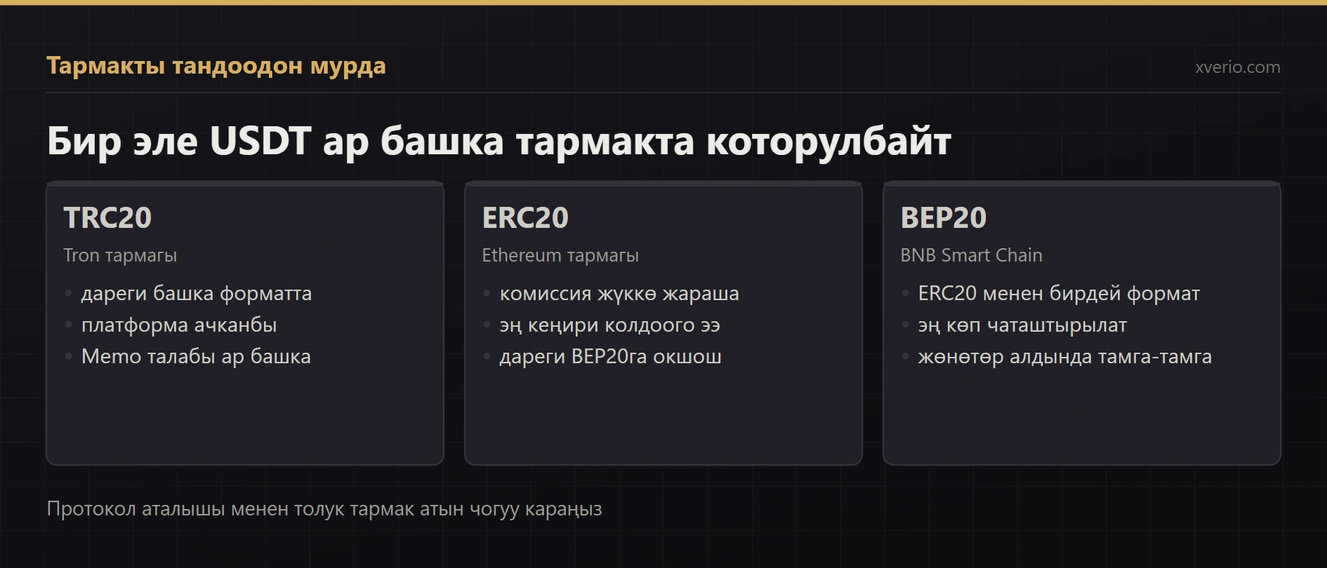 USDTни кайсы тармак аркылуу жөнөтүү керек? TRC20, ERC20 же BEP20