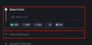 Binance депозит интерфейсинде Select Coin жана Select Network, төмөндө кийинки Deposit Address кадамы көрүнөт